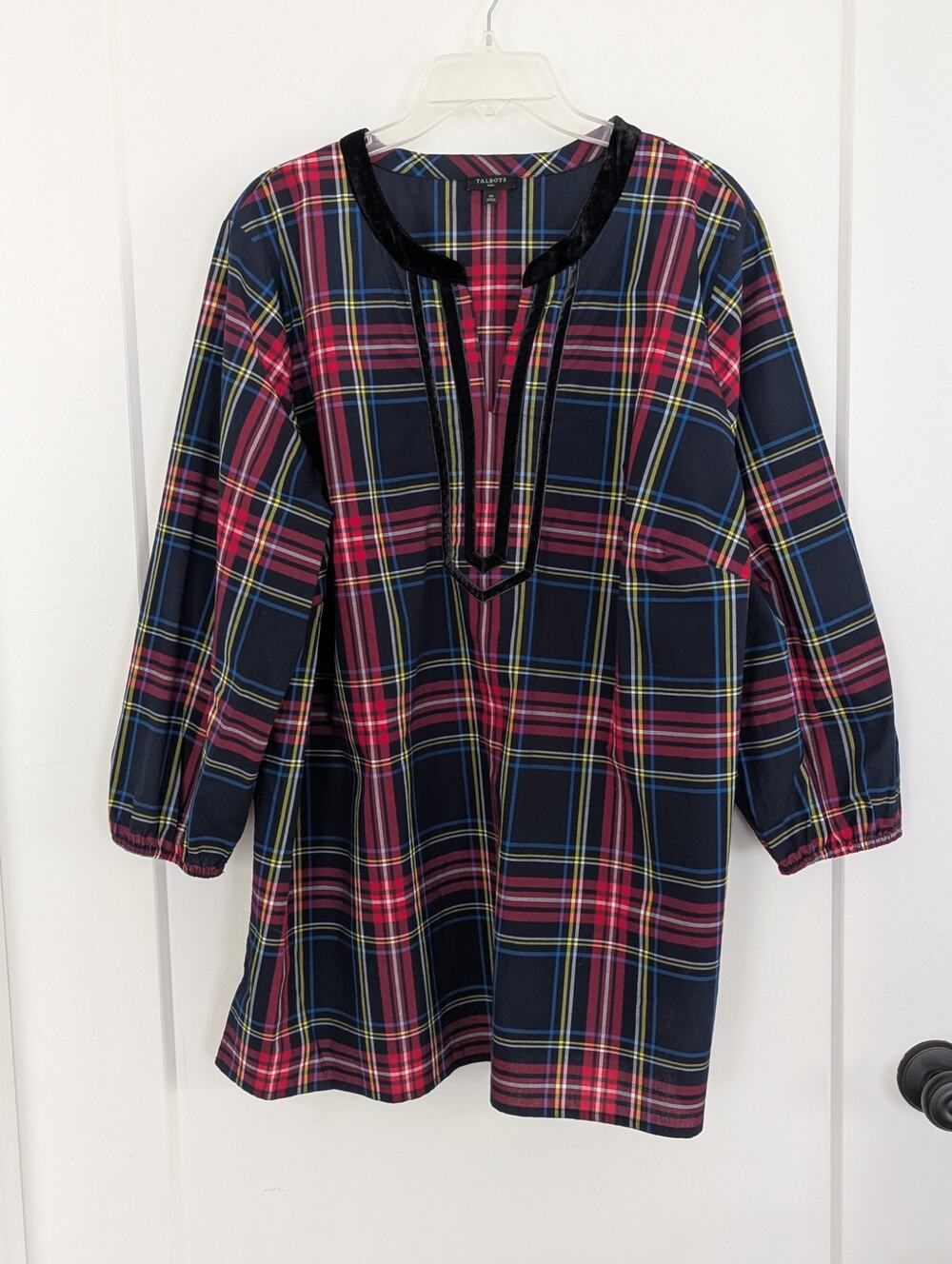 Talbots Plus 2X Tartan Plaid Split Neck Tunic Top Velvet Trim Cotton Holiday